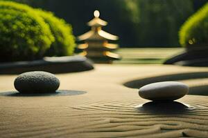 un' zen giardino con pietre e un' pagoda. ai-generato foto