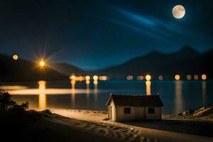 un' piccolo Casa si siede su il spiaggia a notte. ai-generato foto