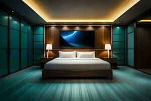un' moderno Camera da letto con un' grande letto e blu muri. ai-generato foto
