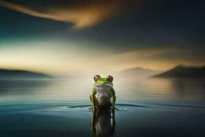 un' rana seduta su il bordo di un' lago. ai-generato foto