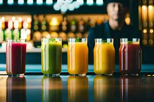 cinque diverso colorato succhi di frutta siamo foderato su su un' sbarra. ai-generato foto