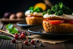 un' piatto con un' torta e verdure. ai-generato foto