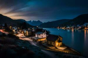 un' piccolo villaggio si siede su il riva di un' lago a notte. ai-generato foto