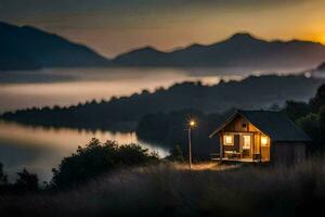 un' piccolo cabina si siede su il bordo di un' montagna a tramonto. ai-generato foto