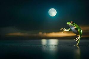 un' rana salto su il terra con un' pieno Luna nel il sfondo. ai-generato foto