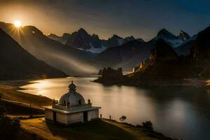 il sole sorge al di sopra di un' lago e un' piccolo Chiesa. ai-generato foto