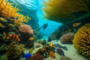 un' tuffatore nuotate attraverso un' corallo scogliera con molti diverso tipi di pesce. ai-generato foto