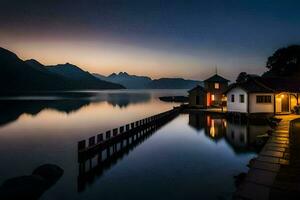 un' Casa si siede su il riva di un' lago a crepuscolo. ai-generato foto