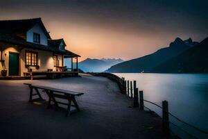 un' Casa si siede su il riva di un' lago a tramonto. ai-generato foto