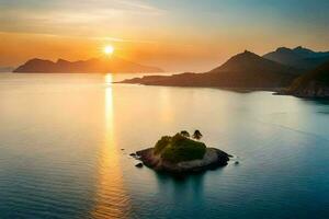 il sole imposta al di sopra di un isola nel il mezzo di il oceano. ai-generato foto