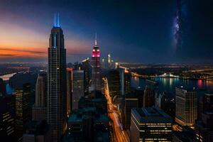 il latteo modo brilla al di sopra di il città orizzonte a notte. ai-generato foto