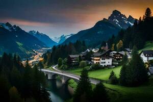 il villaggio di Svizzera è circondato di montagne e un' fiume. ai-generato foto