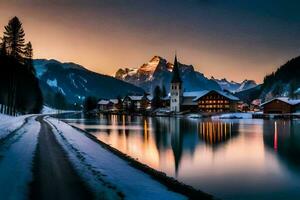 un' lago e un' montagna cittadina a tramonto. ai-generato foto