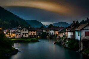 foto sfondo il cielo, fiume, case, montagne, il scuro, il notte, il fiume. ai-generato