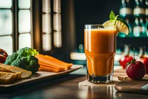 un' bicchiere di arancia succo con verdure e frutta. ai-generato foto