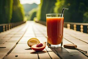 un' bicchiere di succo su un' di legno tavolo. ai-generato foto