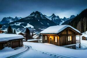 un' cabina nel il montagne con neve su il terra. ai-generato foto