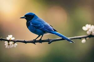 un' blu uccello si siede su un' ramo con fiori. ai-generato foto