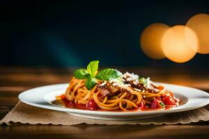 un' piatto di spaghetti con pomodoro salsa e carne su un' di legno tavolo. ai-generato foto