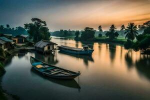 Barche siamo attraccato nel il acqua a tramonto. ai-generato foto