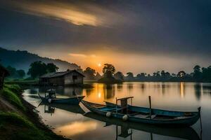 Barche su il fiume a tramonto. ai-generato foto