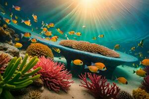 il sole brilla al di sopra di un' corallo scogliera con pesce e coralli. ai-generato foto