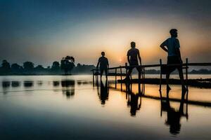 tre persone camminare attraverso un' di legno ponte a tramonto. ai-generato foto