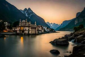 un' bellissimo tramonto al di sopra di un' lago con un' edificio nel il primo piano. ai-generato foto