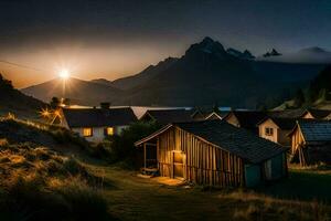 un' piccolo villaggio a tramonto con montagne nel il sfondo. ai-generato foto