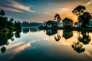 un' Casa su il acqua a tramonto. ai-generato foto