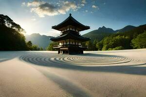 un' pagoda si siede nel il sabbia con montagne nel il sfondo. ai-generato foto
