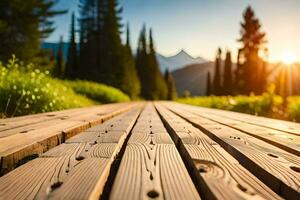 un' di legno passerella nel il montagne. ai-generato foto