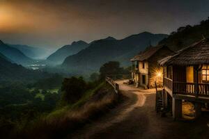 un' Casa nel il montagne a tramonto. ai-generato foto