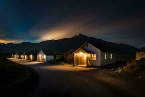 foto sfondo il cielo, notte, il montagne, il strada, il case, il leggero,. ai-generato