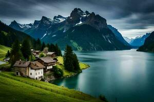 un' lago e montagna gamma nel il sfondo. ai-generato foto