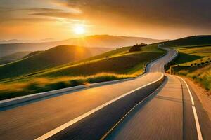 un' strada con il sole ambientazione al di sopra di il colline. ai-generato foto