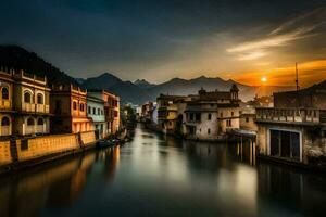 un' fiume nel il mezzo di un' città a tramonto. ai-generato foto