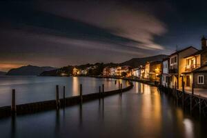 un' lungo esposizione fotografia di un' cittadina a notte. ai-generato foto