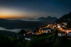 un' villaggio a tramonto con montagne nel il sfondo. ai-generato foto