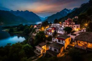 un' villaggio si siede su il bordo di un' lago a crepuscolo. ai-generato foto