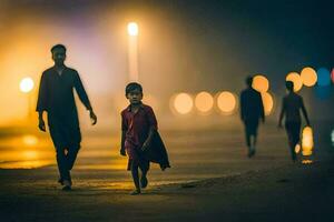 un' famiglia passeggiate su il spiaggia a notte. ai-generato foto