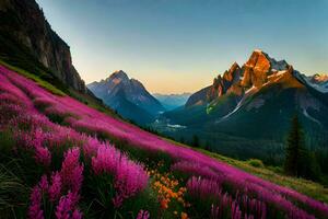 il montagne siamo coperto nel viola fiori. ai-generato foto