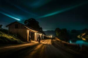 un' uomo passeggiate giù un' sporco strada a notte con un' leggero splendente su il acqua. ai-generato foto