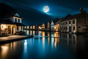 un' pieno Luna brilla al di sopra di un' fiume a notte. ai-generato foto