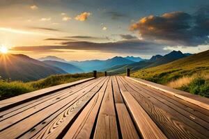 un' di legno ponte al di sopra di un' montagna con il sole ambientazione. ai-generato foto