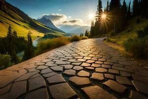 un' strada con Cracked pietra muri e alberi nel il sfondo. ai-generato foto