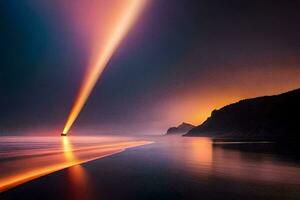 un' lungo esposizione fotografia di un' faro nel il oceano. ai-generato foto