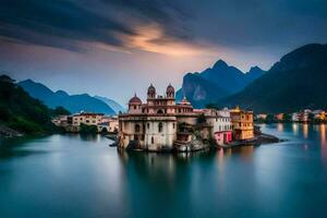 un' bellissimo Casa si siede su il bordo di un' lago. ai-generato foto