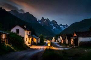 un' strada nel il montagne a notte. ai-generato foto