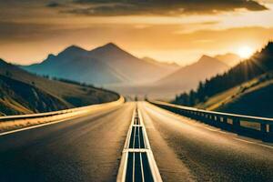 un' autostrada con il sole ambientazione dietro a esso. ai-generato foto